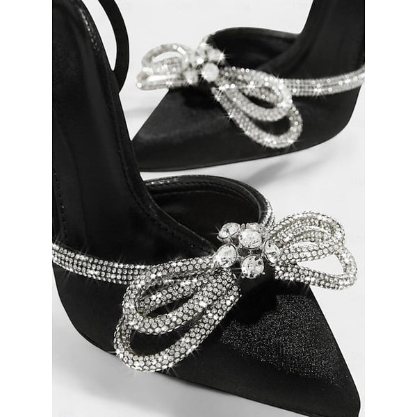 and Heels Black Stiletto Women's Bow with Rhinestone Satin FashionChic