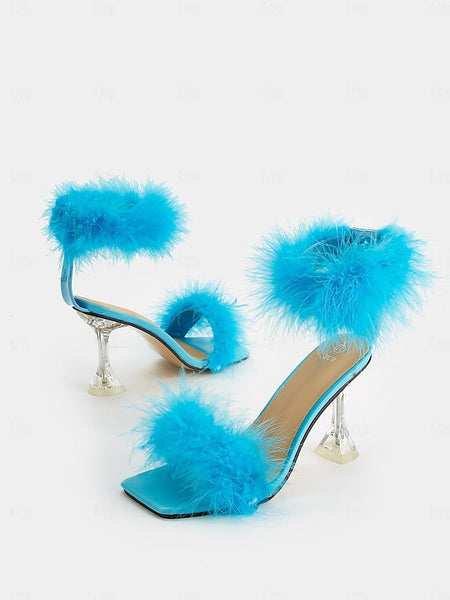 Clear Heel with Turquoise Sandals Feather-Embellished High FashionChic