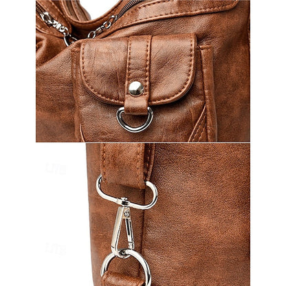 Brown Leather Women's Bag Multiple Faux Pockets with Hobo FashionChic