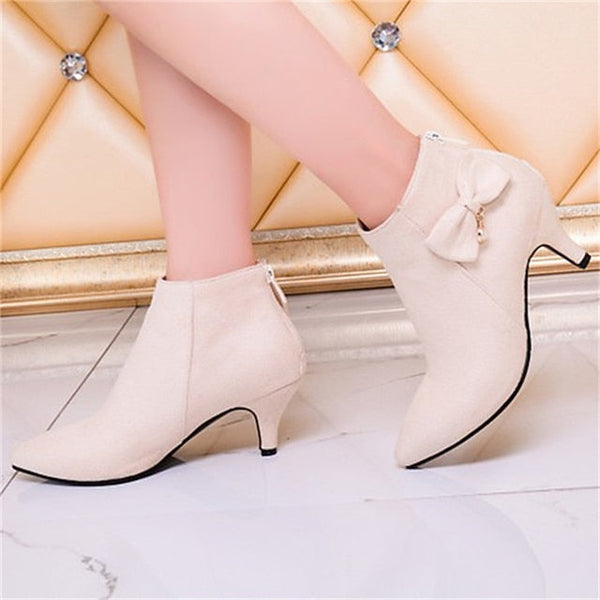 Pink Boots Women's Bow Pearl Charm Suede with and Ankle FashionChic