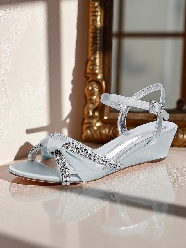 Knot Women's Rhinestone Wedge - Green Dress Satin Sandals FashionChic