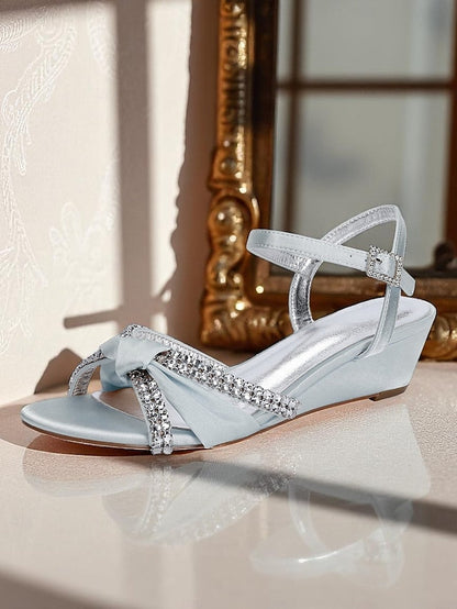Knot Women's Rhinestone Wedge - Green Dress Satin Sandals FashionChic