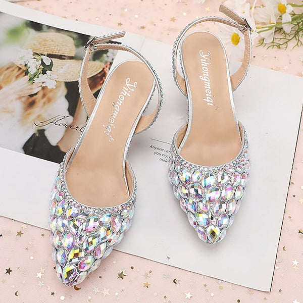 Rhinestone Slingback Heels Women's Crystal High Pointed-Toe FashionChic