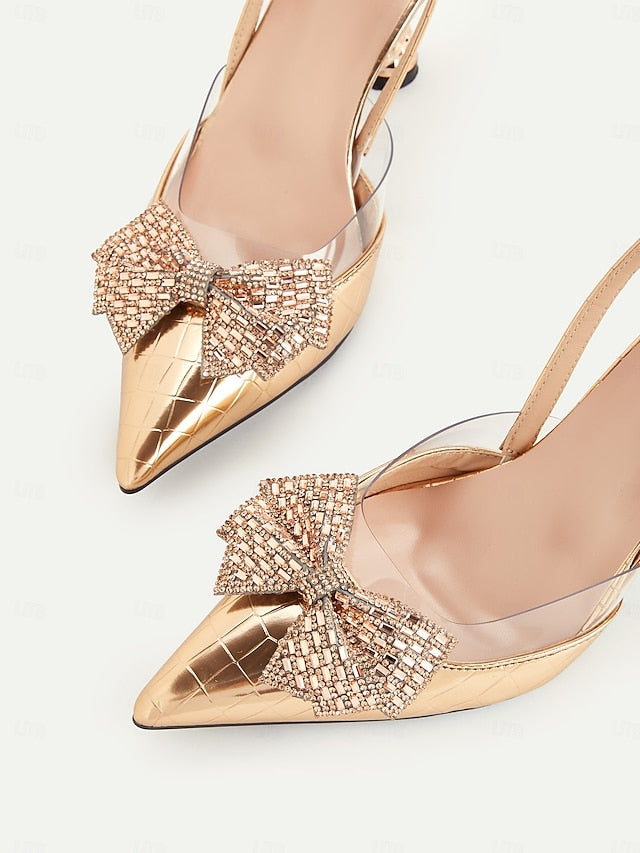 Bow Heels Quilted Gold Slingback with Women's Detail - FashionChic