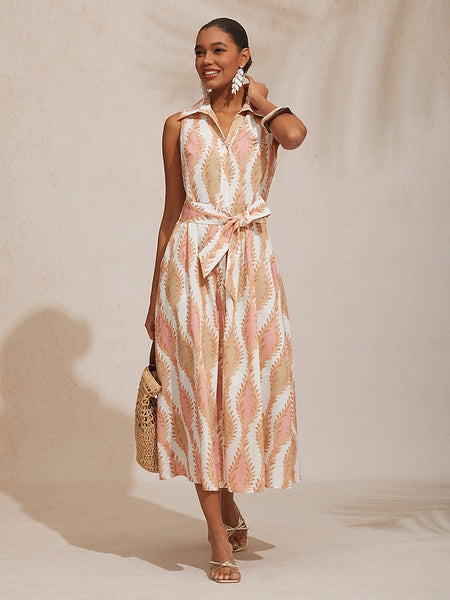 A Line Maxi Dress Shirt Collar Belted Pocket Vacation