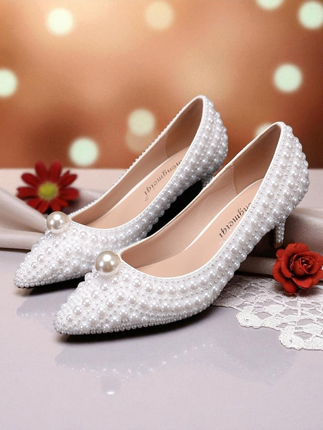 Heel Matching Kitten and Pearl-Embellished Pumps Women's FashionChic