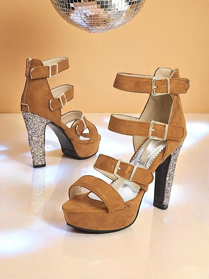 High Heel Platform Women's Suede Glitter Sandals Brown with FashionChic