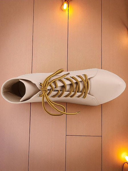 Beige Platform Ankle Lace-Up - Faux Women's Boots Leather FashionChic