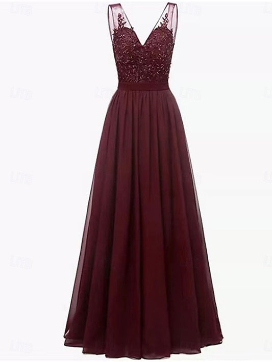 the Neck Dress Simple Floor V Elegant Mother A-Line Bride of FashionChic
