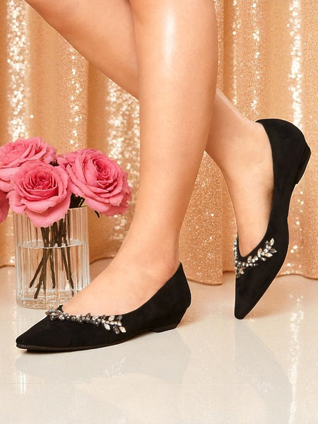 with Black Women's Pointed Flats Toe Rhinestone Suede FashionChic