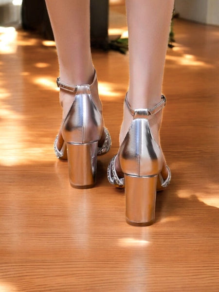 with Metallic Silver Block Rhinestone Heel Strappy Sandals FashionChic
