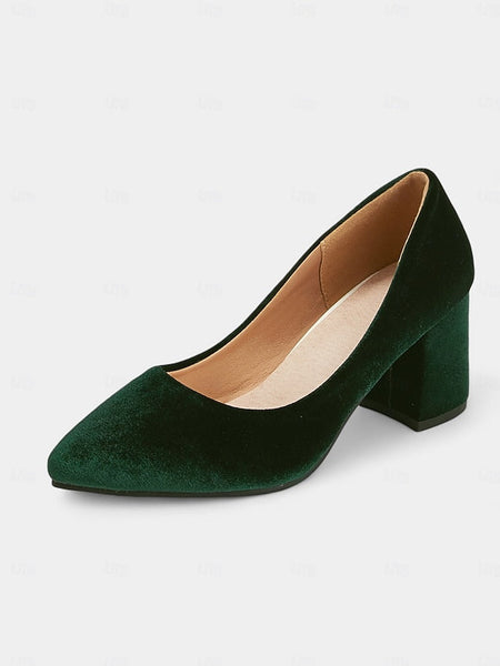 Elegant Block Pointed Pumps Green - Women's Heel Toe Velvet FashionChic