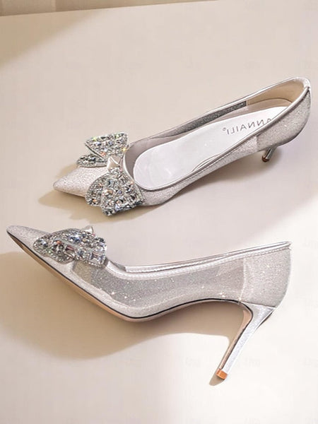 Bow High Rhinestone Heels with Glitter Women's FashionChic