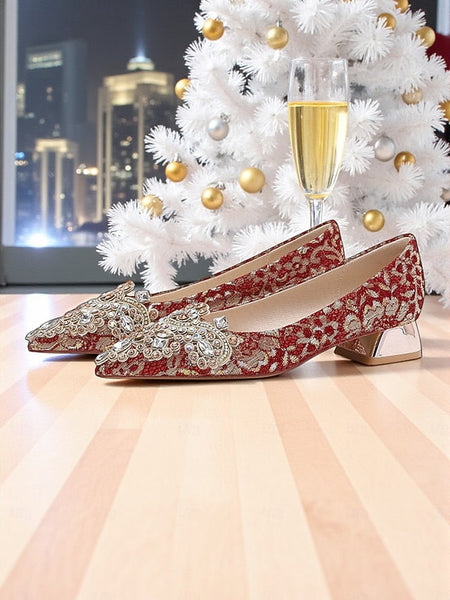 Rhinestone Embellished Pointed-Toe Red Flats Women's FashionChic
