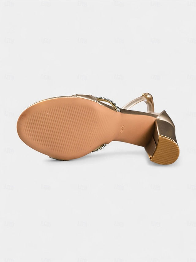 Sandals Ankle Women's Open-Toe Heel PU - Gold Block Strap FashionChic