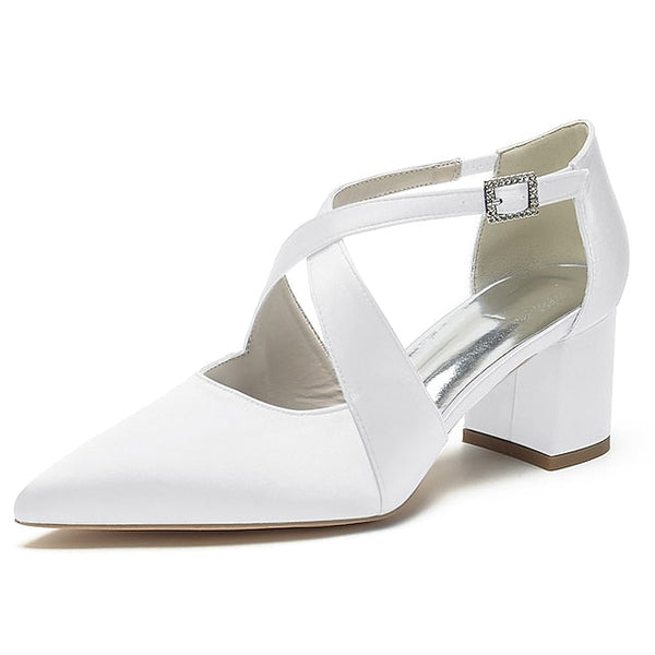 Heels White Pointed Satin Toe Block Women's – Elegant FashionChic