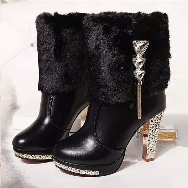 Heels White Ankle Boots - with Women's Faux Rhinestone Fur FashionChic