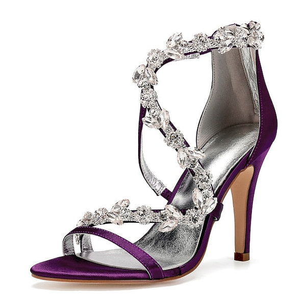 Pink Rhinestone Women's Heel Satin Floral High Sandals with FashionChic