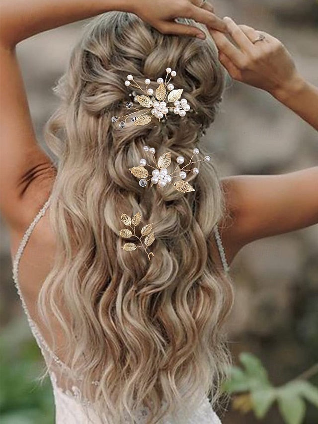 Leaf Faux Pearls Accessory Bridal Hair with Set and Silver Gold FashionChic