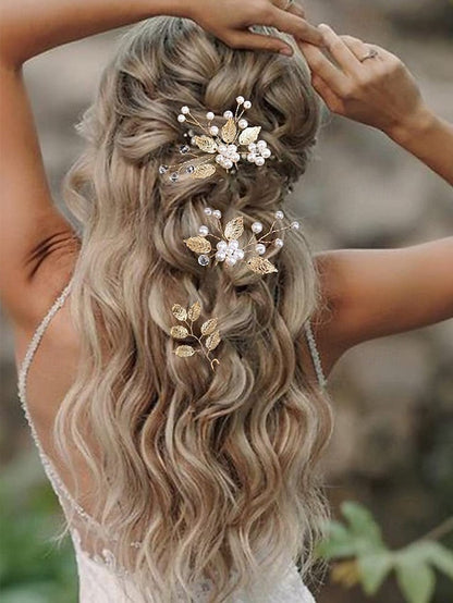 Leaf Faux Pearls Accessory Bridal Hair with Set and Silver Gold FashionChic