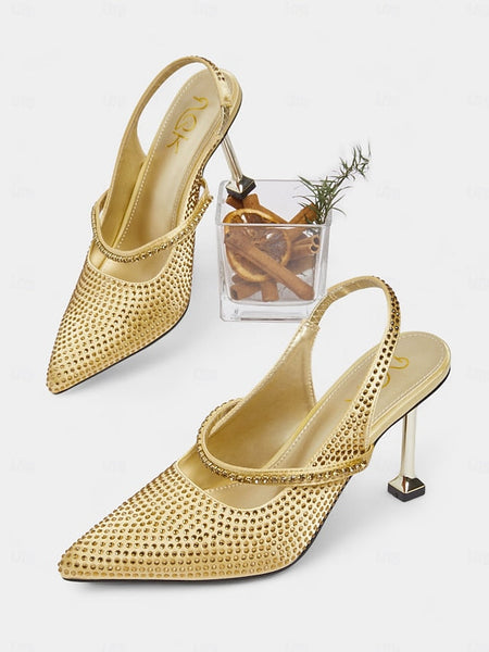 Sparkly Pointed - Heels Gold Toe Rhinestone Women's FashionChic