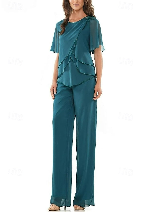 of Dress Neck Crew the Piece Pantsuit Elegant Two Mother Bride FashionChic