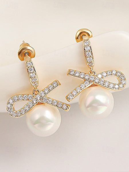and Rhinestone with Pearl Earrings Christmas Women's Bow FashionChic