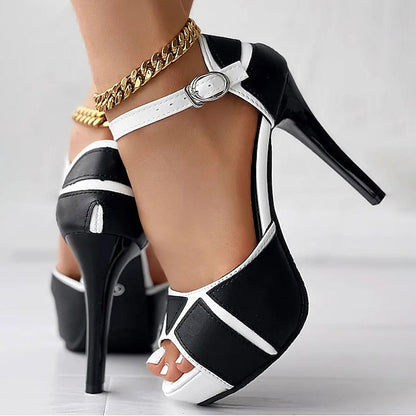 Women's Black Stiletto Platform with Sandals and White FashionChic