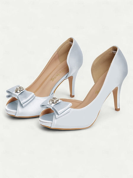Peep Satin Heels Champagne with Toe and Women's Bow FashionChic
