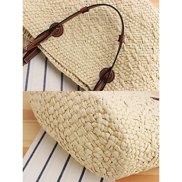 Chic Large Bag Straw Tote with Straps Women's Leather Boho FashionChic
