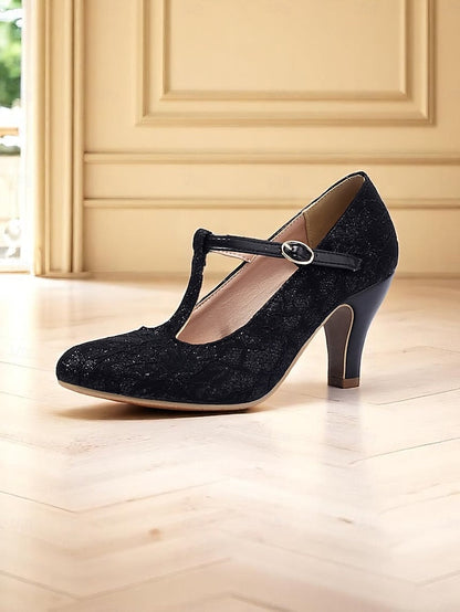 Ivory Pumps-1920s Women's Vintage Mid Lace Heel T-Strap FashionChic