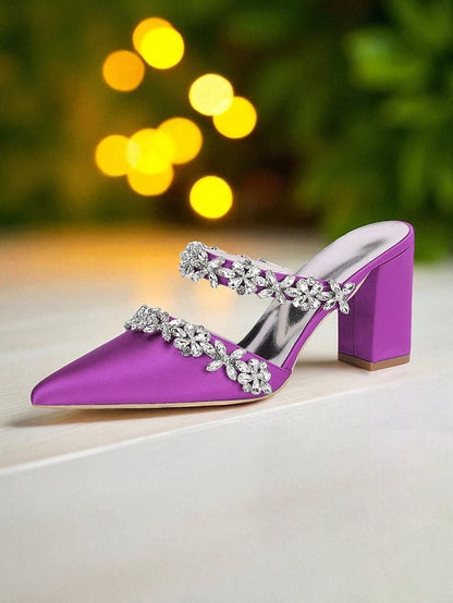 Floral Women's with Satin Block Heel Rhinestone Mules Black FashionChic