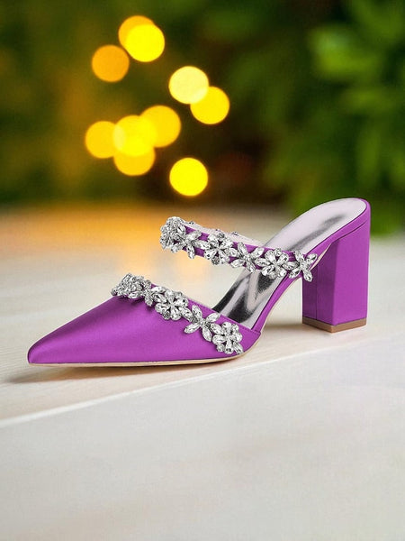with Heel Mules Satin Floral Block Women's Black Rhinestone FashionChic