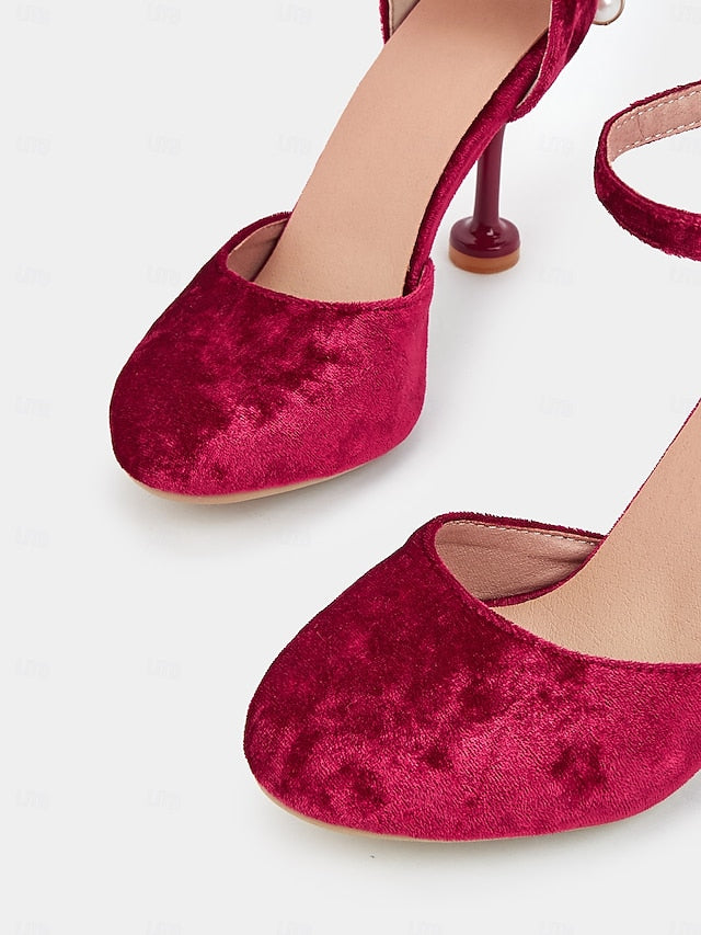 Bow Burgundy Big Velvet Mary and with Women's Heels Jane FashionChic