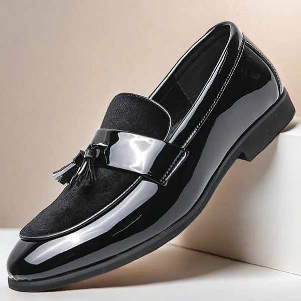 – Men's Black Faux Tassel Loafers Leather Patent Velvet FashionChic