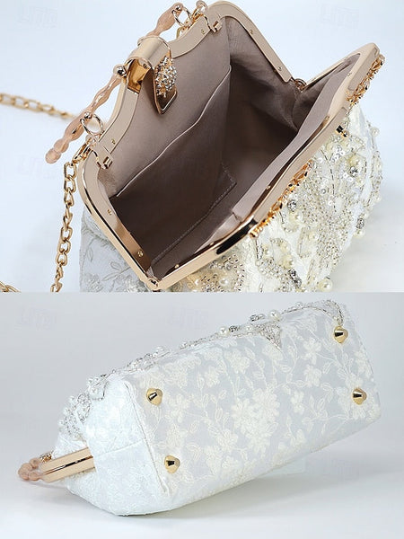 Handbag Floral Pearl and Evening White Lace Elegant with FashionChic