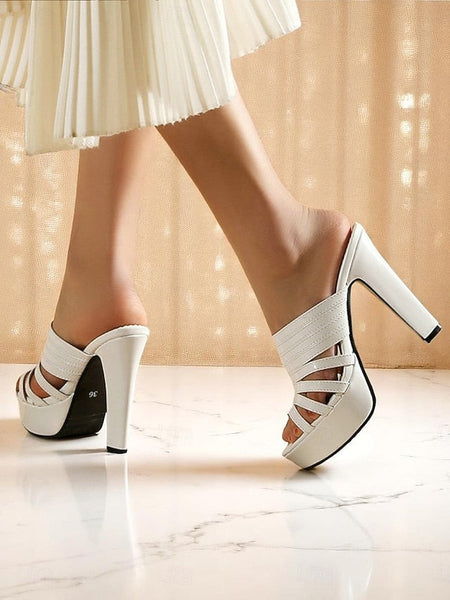 Open-Toe - Platform Mule Women's Heels Strappy White FashionChic