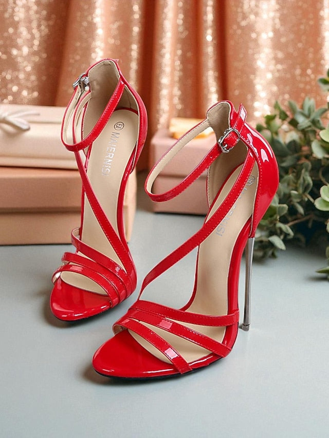 PU Red Sandals High Heels - Strappy Stiletto Women's Patent FashionChic