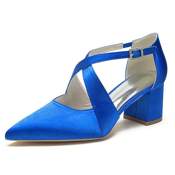 Heels White Pointed Satin Toe Block Women's – Elegant FashionChic