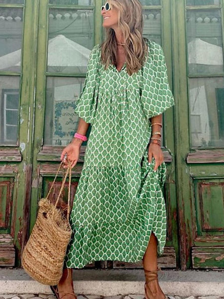 Women's Geometric Print V Neck Lantern Sleeve Maxi Dress FashionChic