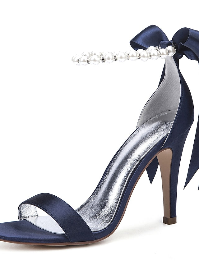 High – Ankle Satin Navy Pearl Heel Sandals Women's Strap FashionChic