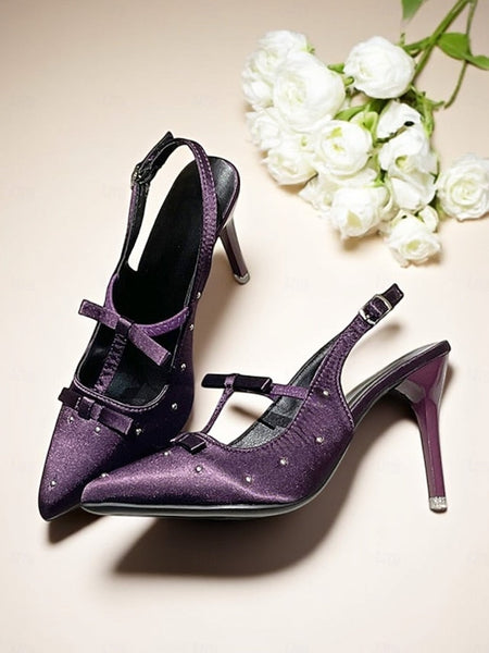 Studs Heels and T-Strap Bows – Purple Satin Women's with FashionChic