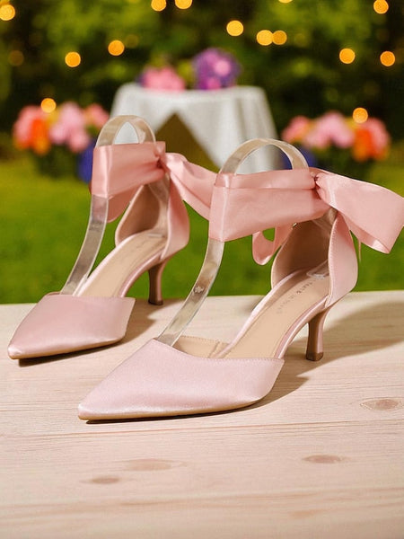 Ribbon Shoes Heel Women's with Pointed-Toe Kitten Satin FashionChic