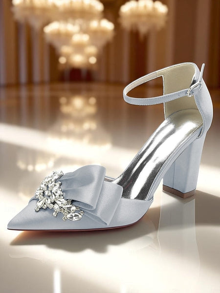 Block Crystal Pumps Bow Satin with Heel and Women's FashionChic