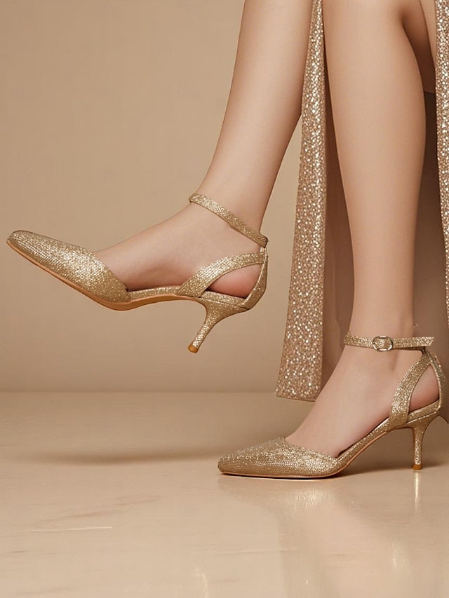 Gold Glitter Ankle Heels Strap Women's FashionChic