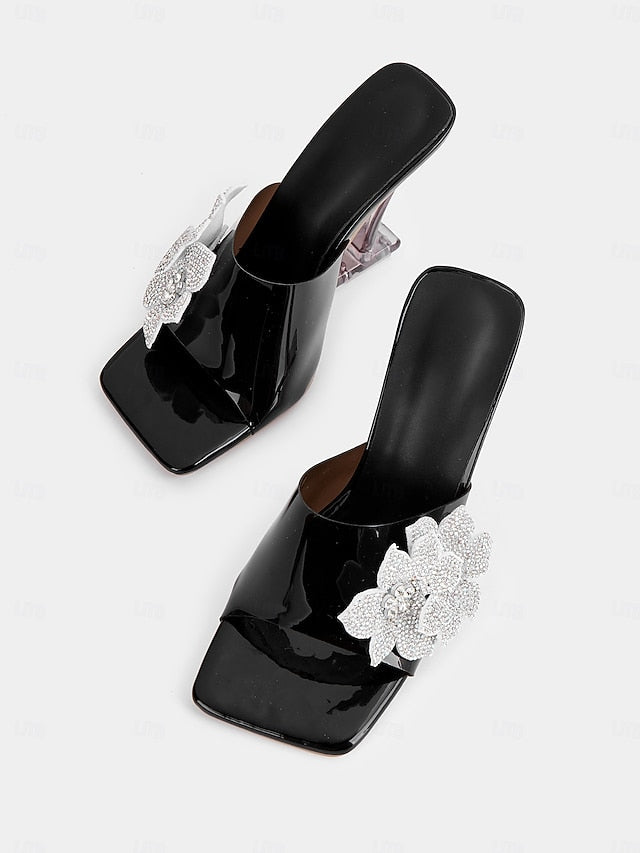 Black Flower with Women's Rhinestone Mules Leather Patent FashionChic