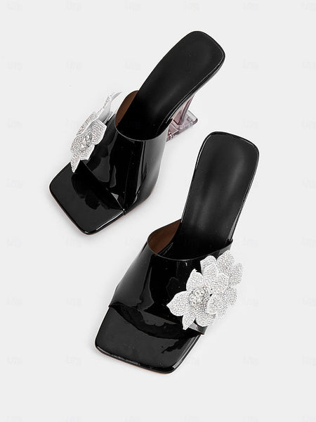 Black Flower with Women's Rhinestone Mules Leather Patent FashionChic