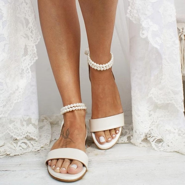 Sandals Women's Flat Ankle White Pearl Strap with – FashionChic