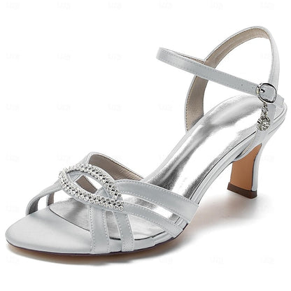 Women's Satin Dark Blue Heels Strappy with Rhinestone FashionChic