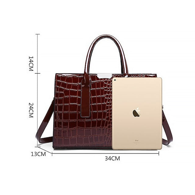 Women's Black Patent Crocodile Leather Pattern Handbag with FashionChic